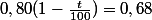 0,80(1-\frac{t}{100})=0,68